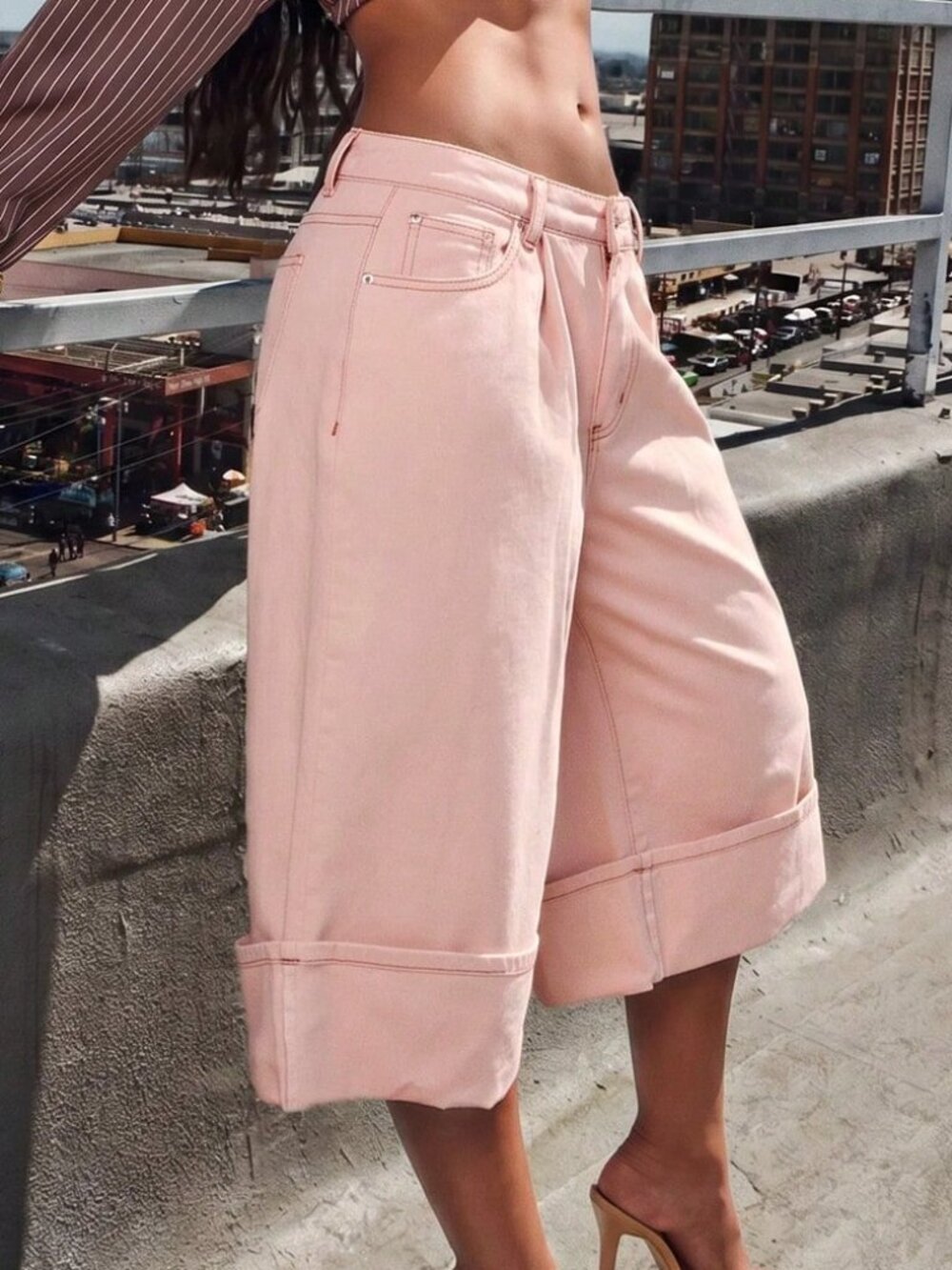 Baby Pink Casual Women's Wide Leg Cuffed Jorts